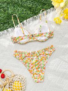 Swim Mod Women Knitted White Floral Print Swimsuits,Wire Rimmed Supportive Top With Flutter Trim,High Cut Bikini Set For Summer,Boho,Pool Party,Holiday Beach - Multicolor - View 7