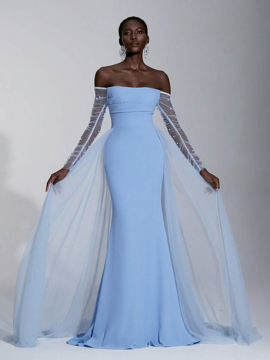 Elitara Elegant Luxurious Bubble Bead Detachable Tulle Long Sleeve Jacket & Ruched Mermaid Maxi Skirt With Ruffled Train, Suitable For Weddings, Singles Parties, Vacations, Balls, Bridal Gowns - Baby Blue - View 1