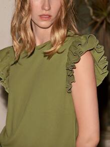Lumivelle Camiseta de mujer de cuello redondo con mangas con volantes de unicolor estilo casual - Verde militar - Ver 6