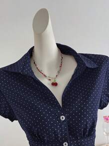 Elamini Polka Dot Print Lapel Collar Fitted Short Sleeve Blouse For Women