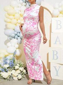 Loomaby Floral Print Ruched Maternity Shift Dress With Stand Collar - Pink - View 4