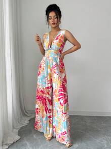 Rafferiza 女士优雅度假褶皱纹理深 V 连体衣，夏季 - 彩色 - 查看 4