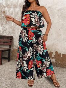 Breezaya 2 Stücke Set mit Camisole-Tanktop mit tropischem Pflanzendruck und Hose mit weitem Bein und elastischer Taille Große Größen - Verschiedenfarbig - Übersicht 3