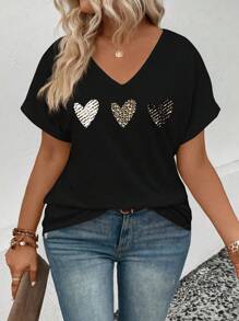 INAWLY Plus Size Women Heart & Leopard Print Loose V-Neck Short Sleeve T-Shirt, Casual Style - Black - View 4