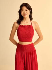 CAJUNI Women's Boho Style Tropical Print Pleated Halter Tank Top And Long Pants Vacation Beach Casual Set, Summer - Red - View 4