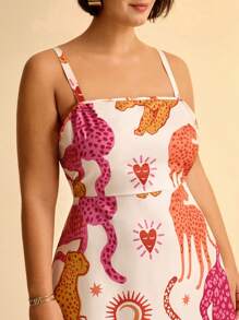 CAJUNI Vestido casual mini para mujer talla grande, de estilo Bohemio tropical con bloque de color y estampado animal