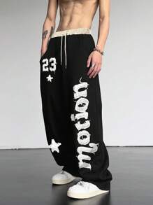 Manfinity Roghcode Men's Loose Fit Cross Printed Drawstring Waist Sweatpants, Sports Academy INS Gray Micro-Flare Sweatpants, Featuring New York Letters And A Lucky Number23 Embroidery. These Sweatpants Blend Style And Comfort, Making Them Perfect For Casual Outings And Athletic Activities, Fall And Winter Jersey, For Rave - Black - View 1