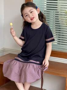 Dazy Kids Young Girl Summer Casual Colorblock Ruffle Hem Loose Dress - Black - View 3