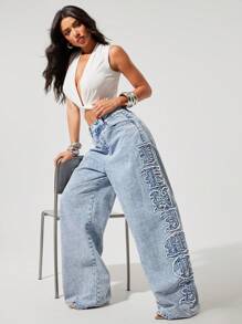 Denimoi Verbiage 磨边补丁宽松牛仔裤 - 淺色水洗藍 - 查看 1