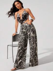 Denimoi Printed Wide Leg Relaxed Fit Denim Jeans Zebra Print Jeans Fashionable Summer Vacation - Multicolor - View 4