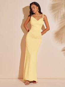 Hauture Vestido slip elegante para mujer con diseño cruzado en la espalda y drapeado en un solo color - Amarillo claro - Ver 5