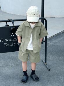 Young Boys Summer Casual Street Japanese And Korean Loose Fit Black Shirt With Workwear Shorts 2 Pieces Set,Back To School Kids Fashion Outfit - Mint Green - View 6