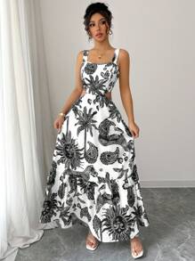 Elenzga 2025 New Fashion Print Square Collar Belt Hollow Back Tie Up Casual Vacation Sleeveless Dress, Bohemian Music Festival, Summer - Black and White - View 4