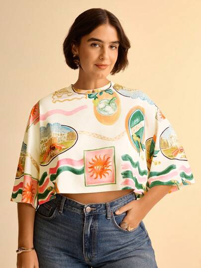 CAJUNI Camiseta de talla grande para mujer con cuello redondo, manga corta, estampado tropical bohemio, casual y corta para el verano