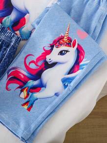 2pcs/Set Young Girls Fashion Casual Unicorn Print Short Sleeve Crew Neck T-Shirt + Print Denim Look Pants Set, 2 Colors - Multicolor - View 5