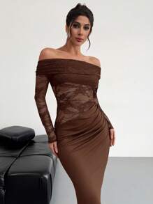 Firerie Women Elegant Sexy Minimalist Fashion Alluring Valentines Party Date Off Shoulder Textured Mesh Sheer Pintuck Low Waist Form-Fitting Red Long Sleeve Dress