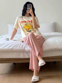 DAZY Conjunto de pijama para mujer con Top de camiseta holgada con estampado de dibujos animados lindos y pantalones de unicolor