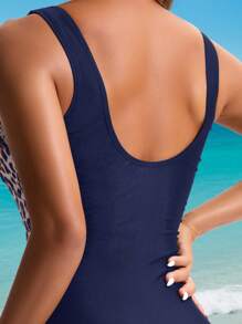 Swim Lushoire Women's Vacation Leopard Print Contrast Ruched One Piece Swimsuit For Summer - Navy Blue - View 5