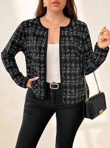 SHEIN Clasi 大尺碼優雅印花短外套，對比色邊緣，秋冬季節 - 黑與白 - 查看 7