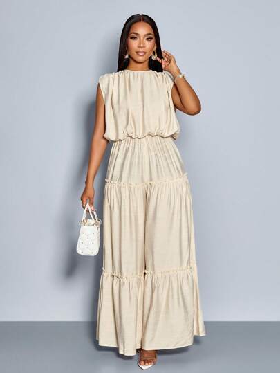 SOLERSUN Spring/Summer Women's Wear Everyday Leisure Vacation Apricot Woven Crew Neck Button Back Slit Short Sleeves Gathered Shoulders Elastic Gathered Waist Layered Legs Long Jumpsuit