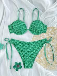 Swim Mod 2pcs/Set Women's Fashion New Random Printed Padded Triangle Bikini Summer Beach Swimsuit - Green - View 2