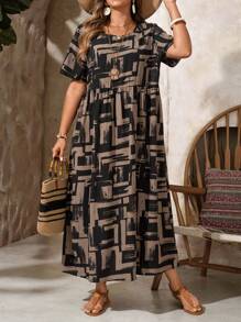 Rusticease 大码女式秋季几何印花圆领短袖休闲连衣裙，夏季、度假、节日服装，波西米亚风 - 黑色 - 查看 3