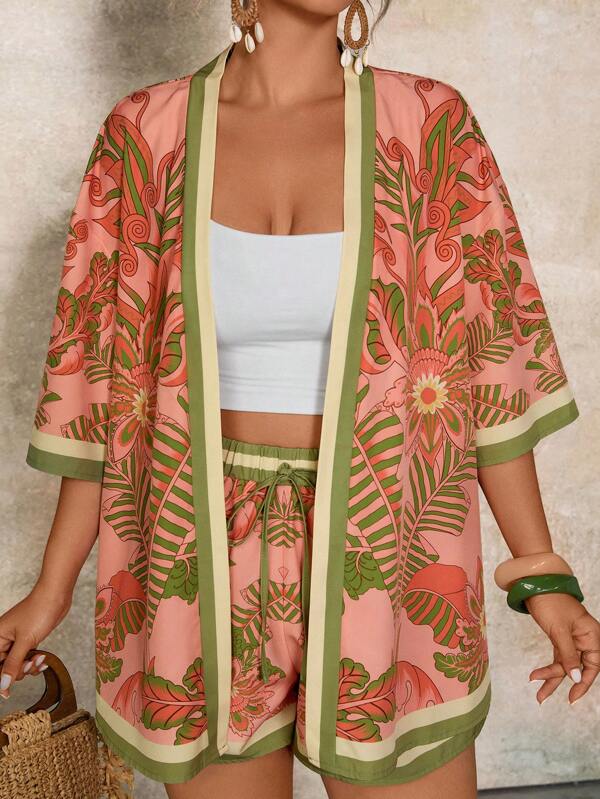 Travachic Plus Size Casual Vacation Allover Print Shirt And Shorts 2 Pieces Set