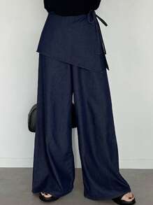 FRIFUL Pantalones rectos con volante desmontable en azul oscuro lavado con set casual y versátil de 2 piezas, ideal para usar en el aeropuerto y de vacaciones