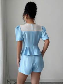 Elenzga 2pcs/Set Women Casual Balloon Sleeve Top And Shorts - Blue - View 2