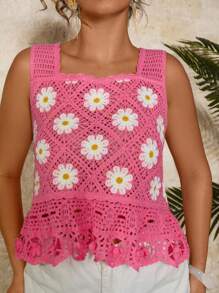Travachic 大码女式雏菊图案镂空无袖针织上衣 - 粉色 - 查看 1
