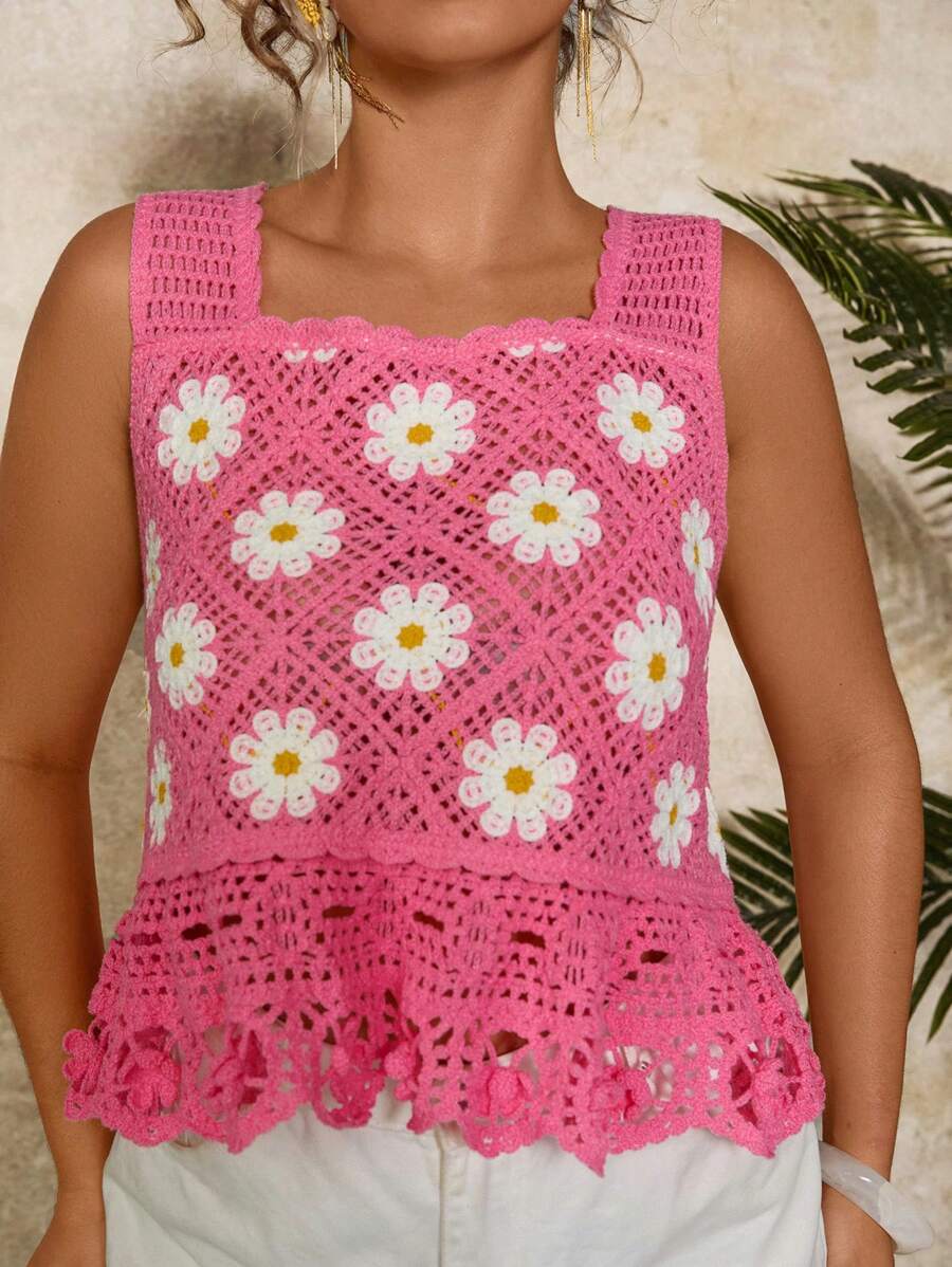 Travachic 大码女式雏菊图案镂空无袖针织上衣 - 粉色 - 查看 1