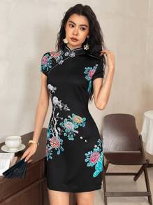 EastFlair 1件套女士立领短袖修身复古迷你旗袍连衣裙