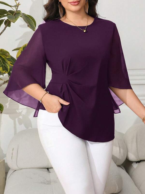 Reflora Plus Size Women's Solid Color Round Neck Flare Sleeve Pleated Elegant Blouse,Business Casual Woman