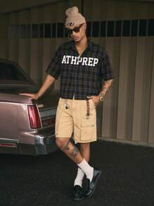 AXEPEAK 男士休闲格子宽松短袖衬衫，夏季，校园，街头风 - 淺藍色 - 查看 5