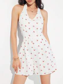 Roylia Fashionable Textured Cherry Print V-Neck Camisole Romper - White - View 3