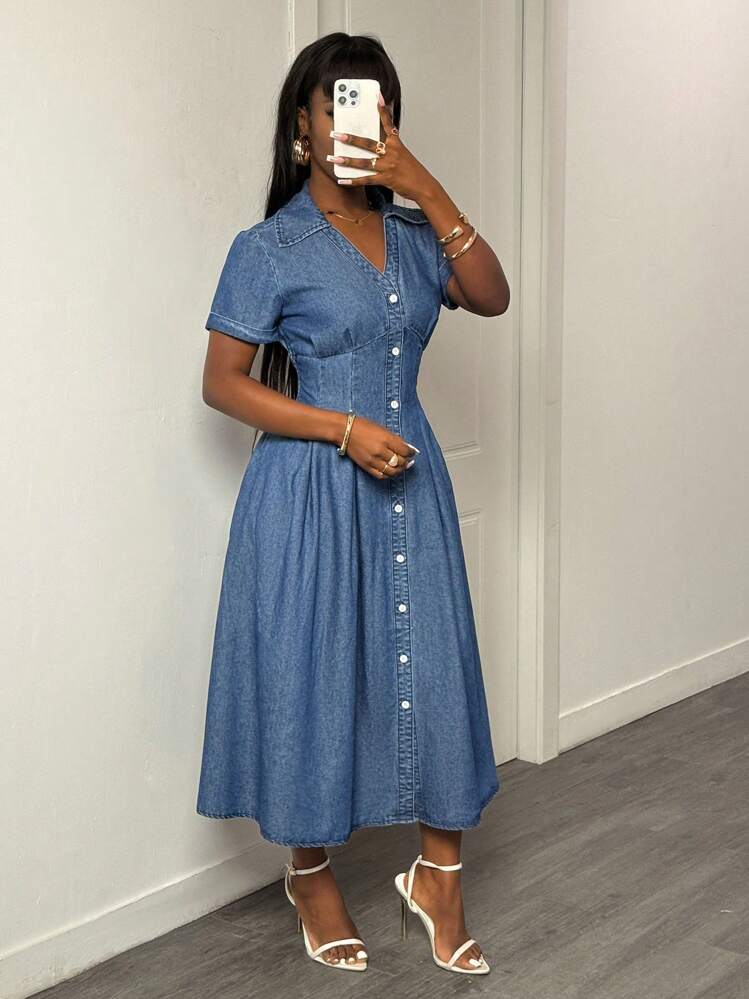 Slaydiva 秋季性感纯色收腰衬衫式牛仔长裙/秋季服装/乡村演唱会服装/乡村演唱会/茶会服装/优雅/演唱会服装/休闲女装/夏季服装/蓝色牛仔裙/女生连衣裙/原创牛仔裙/夜间外出/Y2K连衣裙 - 深色水洗藍 - 查看 3