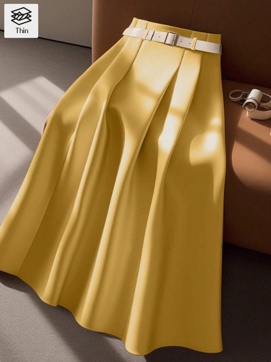 Franclia 女士纯色褶皱优雅皮革束腰中长裙 - 黃色 - 查看 1