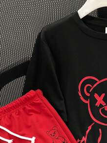 SHEIN 2pcs Teenage Boys Casual Bear Print Pattern Round Neck Short Sleeve T-Shirt And Shorts Knit Set