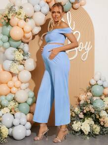 Loomaby Maternity Off Shoulder Top And Adjustable Waistband Long Pants, Elegant 2 Pieces Set,Gender Reveal Dress,Maternity Dress,Baby Shower Dress,Birthday Outfits For Women,Club Outfit - Blue - View 4