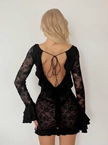 SHEIN ICON Women's Off Shoulder Tie Strap Sexy Deep-V Back Ruffled Flared Sleeve Sheer Lace Splicing Mini Dress - Black - View 2