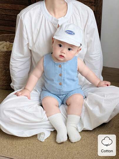 SHEIN Vintaside Kids Baby Boys' Summer Sleeveless Denim Romper, Casual Style Minimalist Design, Comfortable Fit, Suitable For Outdoor Adventure, Homewear, And Relaxed Active Time