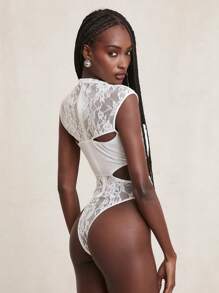 SHEIN Unity 紧身衣性感蕾丝高领镂空无袖派对俱乐部紧身衣派对俱乐部音乐会节秋夏女士服装 - 白色 - 查看 2