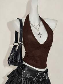 SHEIN ICON Women Casual Deep V-Neck Twist Halter Backless Camisole - Coffee Brown - View 4