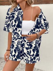 SHEIN VCAY Conjunto de 2 piezas de top con cuello polo y botones con estampado floral y geométrico casual, y shorts, adecuado para verano, vacaciones, playa - Multicolor - Ver 3