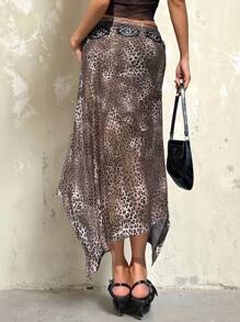 INAWLY 女式不对称下摆豹纹时尚中长裙，重返校园 - 彩色 - 查看 2