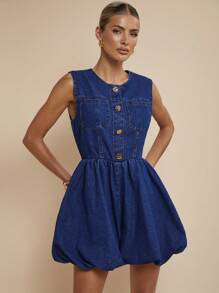 COSMINA Women's Sleeveless Woven Denim Bubble Dress Short Blue Jean Dress With Unique Balloon Silhouette