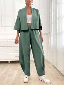 SHEIN Cottnline مجموعتين قطعتين مريحة للنساء ، صيفي ، كاجوال - أخضر نعناع - مشاهدة 3