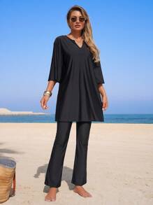 Swim Mulvari Women Black Plain Long Sleeve V-Neck Top And Wide Leg Flare Pants 2-Piece Outfit For Summer Beach Vacation
