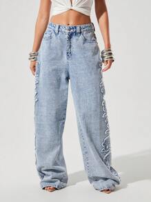 Denimoi Verbiage 磨边补丁宽松牛仔裤 - 淺色水洗藍 - 查看 5