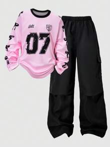 2 pezzi Set di abbigliamento per ragazze pre-adolescenti con blocchi di colore, camicia a maniche lunghe con stampa di fiocco, lettere e numeri, e pantaloni cargo con tasche laterali, adatto per il ritorno a scuola in primavera e autunno